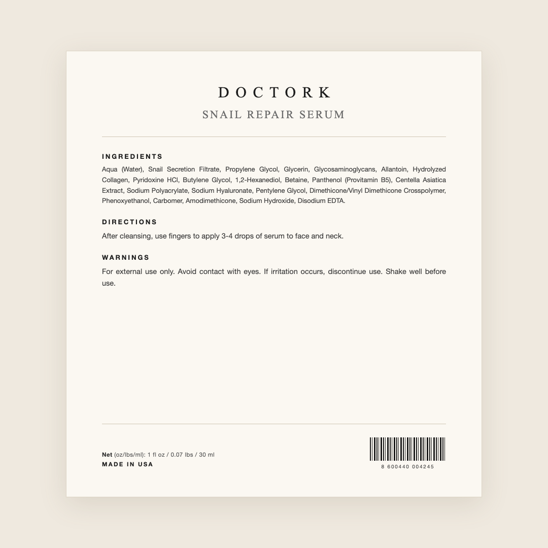 Doctork Snail Repair Serum ingredients